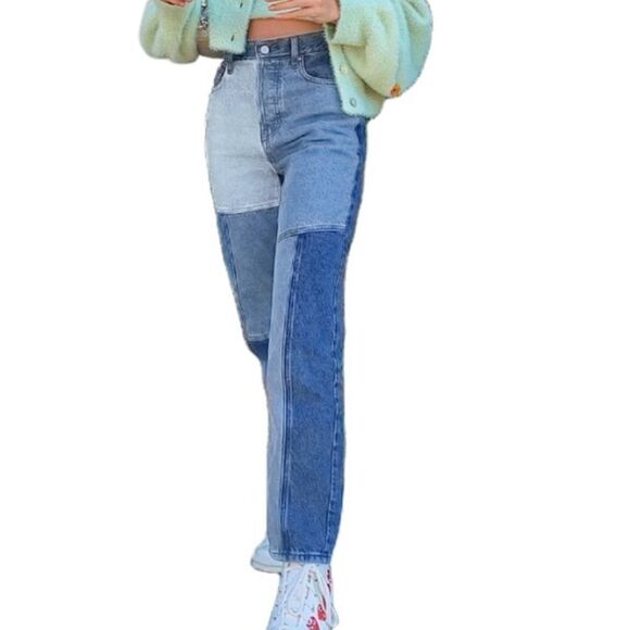 Shein Patchwork Mom Jeans High-Rise Patchwork Jeans color block jeans Small - Picture 3 of 10